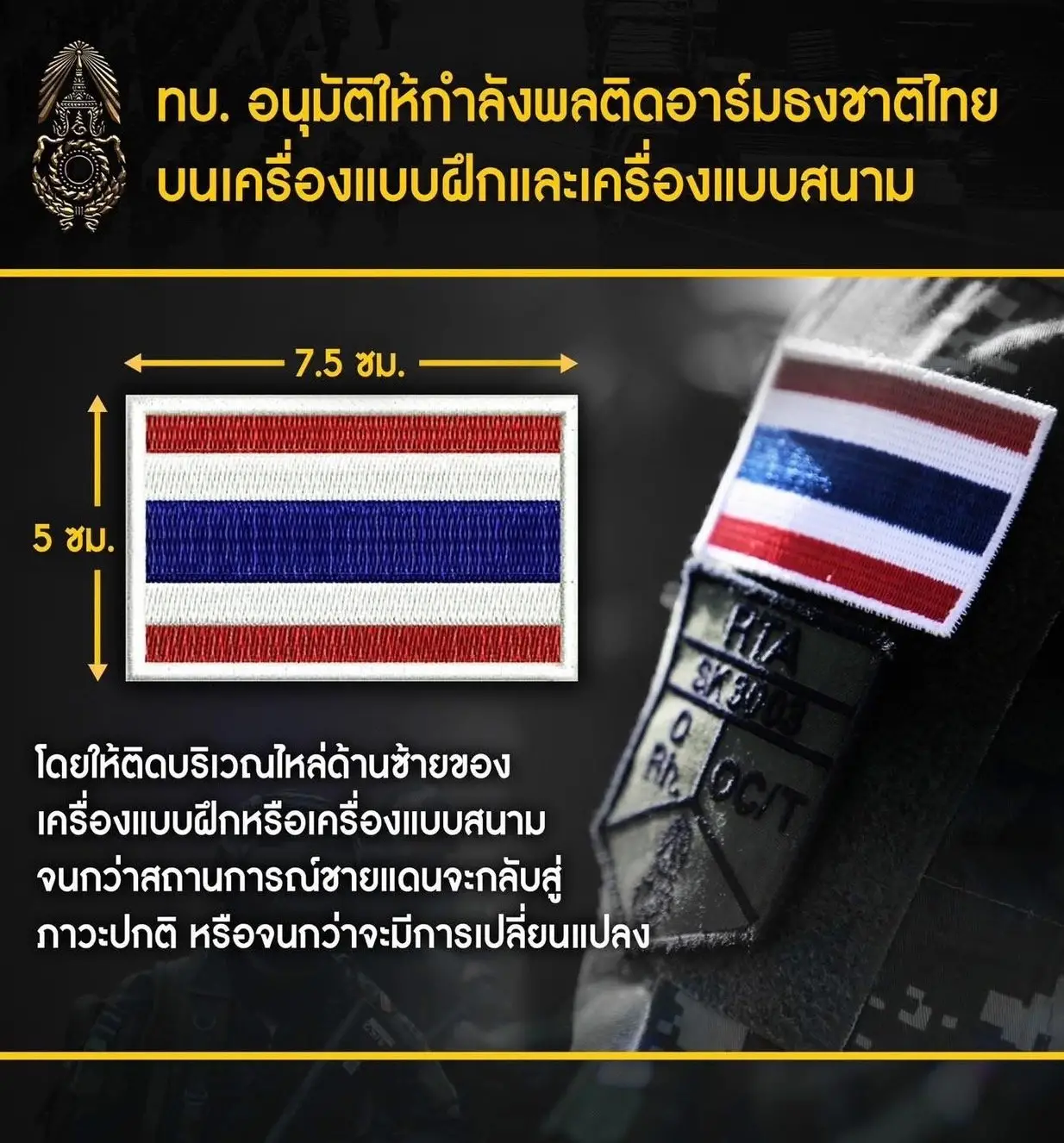 ‘กองทัพบก’อนุมัติ‘ติดอาร์มธงชาติไทย’บนเครื่องแบบฝึก-เครื่องแบบสนาม