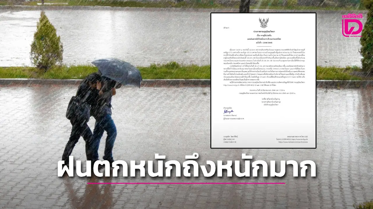 อุตุฯ ประกาศฉบับที่ 1 ไทยมีฝนตกหนักถึงหนักมากหลายพื้นที่ 24-27 ส.ค.นี้