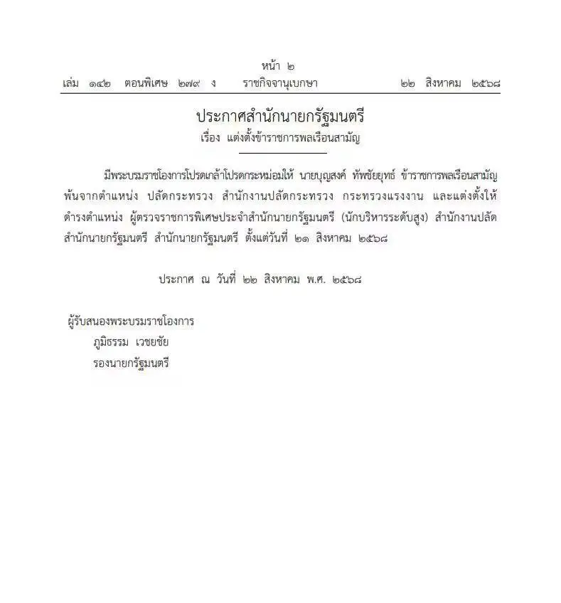 เว็บไซต์ราชกิจจานุเบกษาเผยแพร่ประกาศ ให้ ‘บุญสงค์’ พ้นปลัดแรงงาน