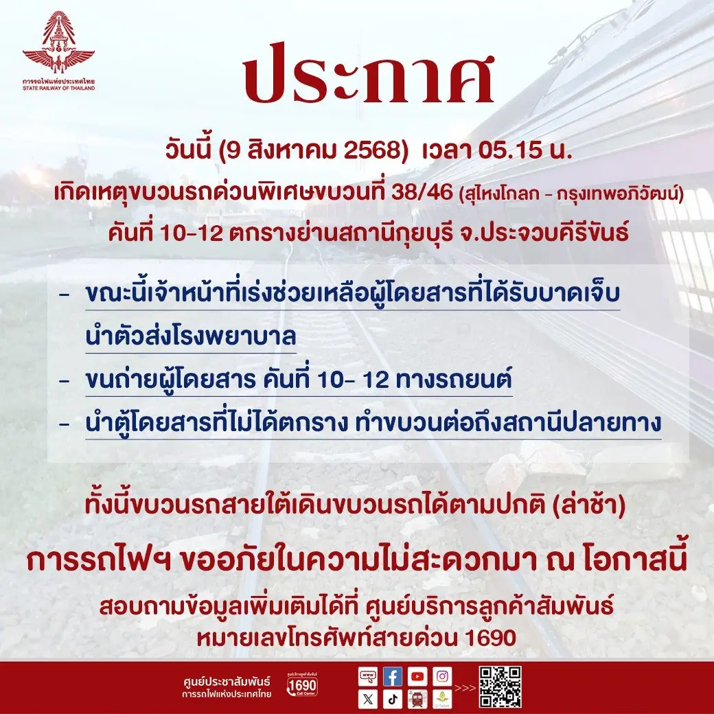 ระทึก! ขบวนรถไฟ 38/46 'สุไหงโก-ลก-กรุงเทพฯ' ตกราง @สถานีกุยบุรี เดินรถสายใต้ดีเลย์