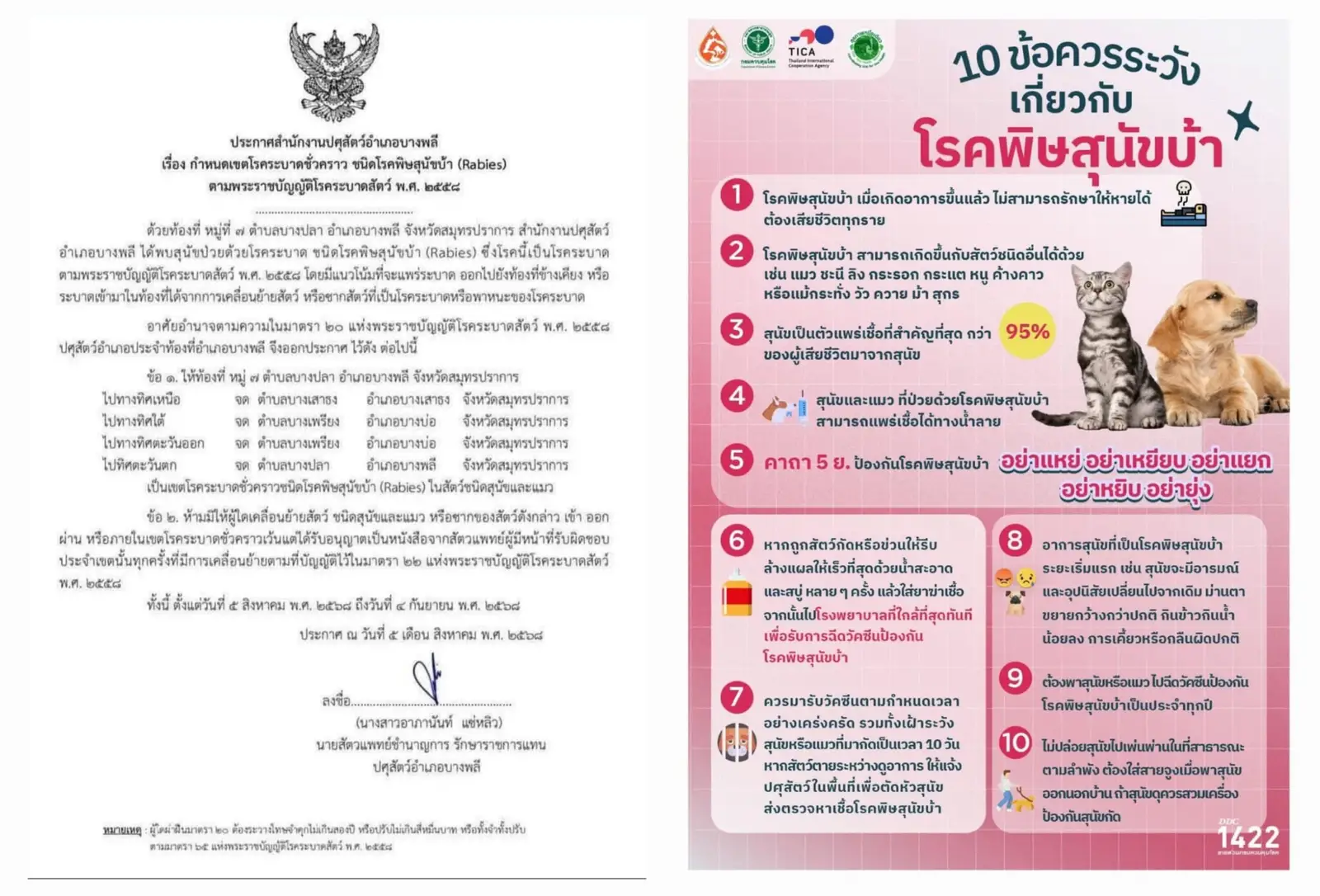 ปศุสัตว์บางพลี ประกาศพื้นที่ระบาด พิษสุนัขบ้า
