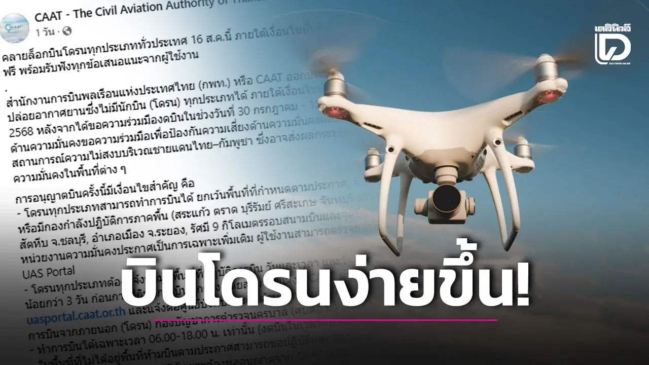 บินโดรนง่ายขึ้น! CAAT เปิดให้บินทุกประเภท พร้อมขึ้นทะเบียนโดรนเกษตรฟรี
