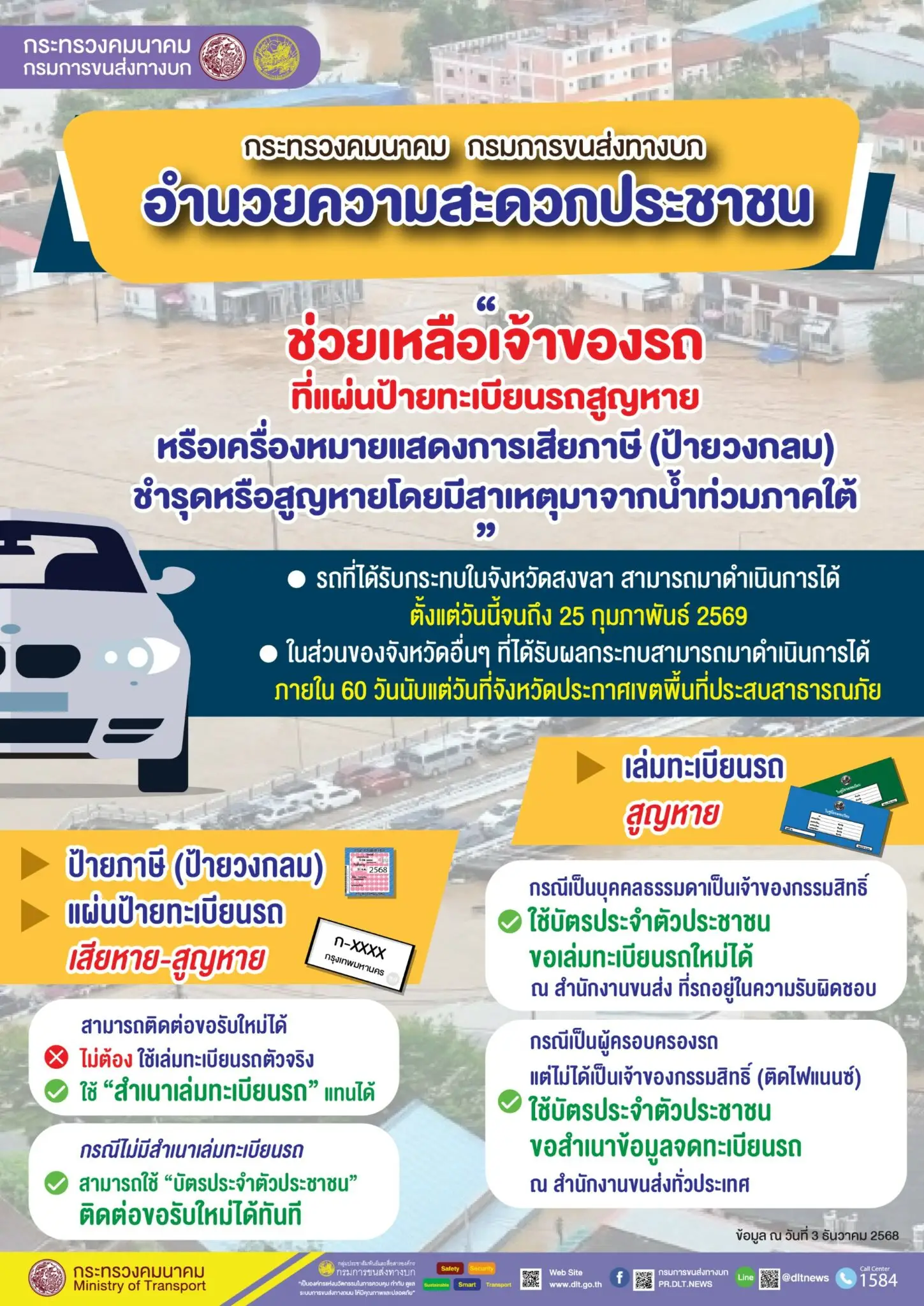 ใช้แค่ 'บัตรประชาชน' ขอเล่มทะเบียนรถ-ป้ายวงกลมใหม่ได้ อำนวยความสะดวกประชาชนน้ำท่วมภาคใต้